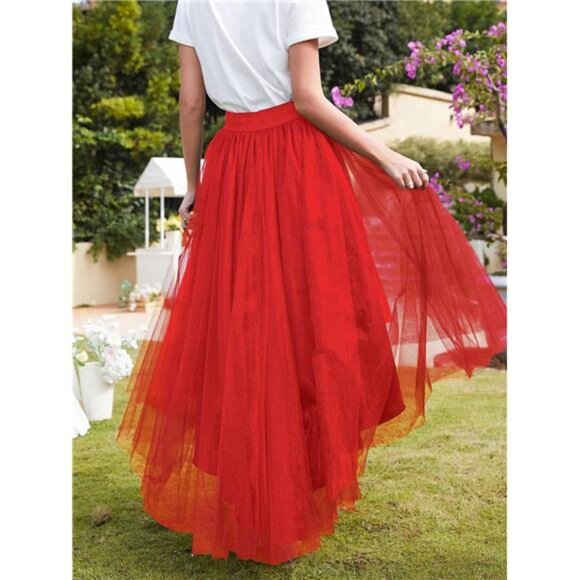 High Low Tulle Skirt for Women Red - Picture 5 of 6